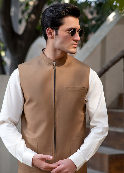 Men's Camel Brown Ethnic Waistcoat - Modern Zip Design with two side patch pockets and one welt chest Bone pocket - Classic Fit Mandarin style
