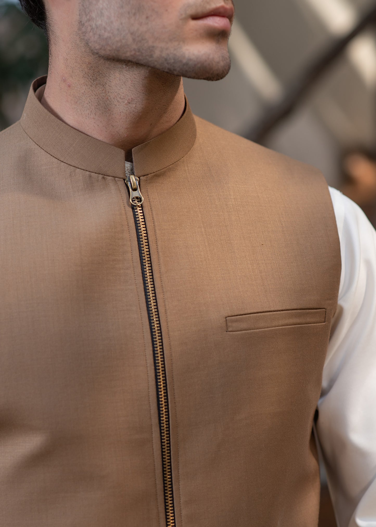 Men's Camel Brown Ethnic Waistcoat - Modern Zip Design with two side patch pockets and one welt chest Bone pocket - Classic Fit Mandarin style