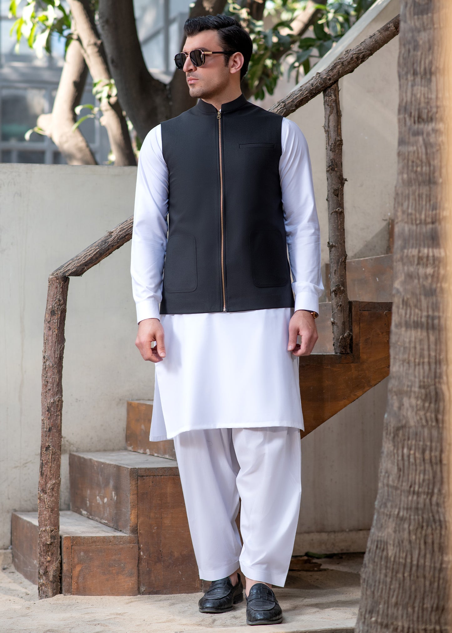 Men's Black Ethnic Waistcoat - Modern Zip Design with two side patch pockets and one welt chest Bone pocket - Classic Fit Mandarin style