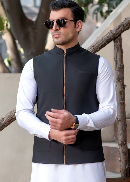 Men's Black Ethnic Waistcoat - Modern Zip Design with two side patch pockets and one welt chest Bone pocket - Classic Fit Mandarin style