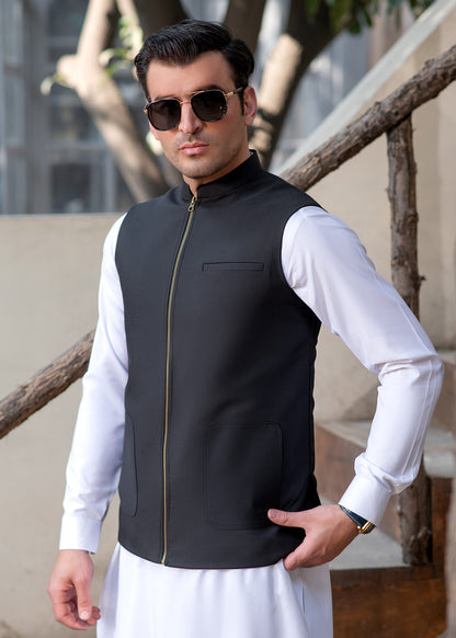 Men's Black Ethnic Waistcoat - Modern Zip Design with two side patch pockets and one welt chest Bone pocket - Classic Fit Mandarin style