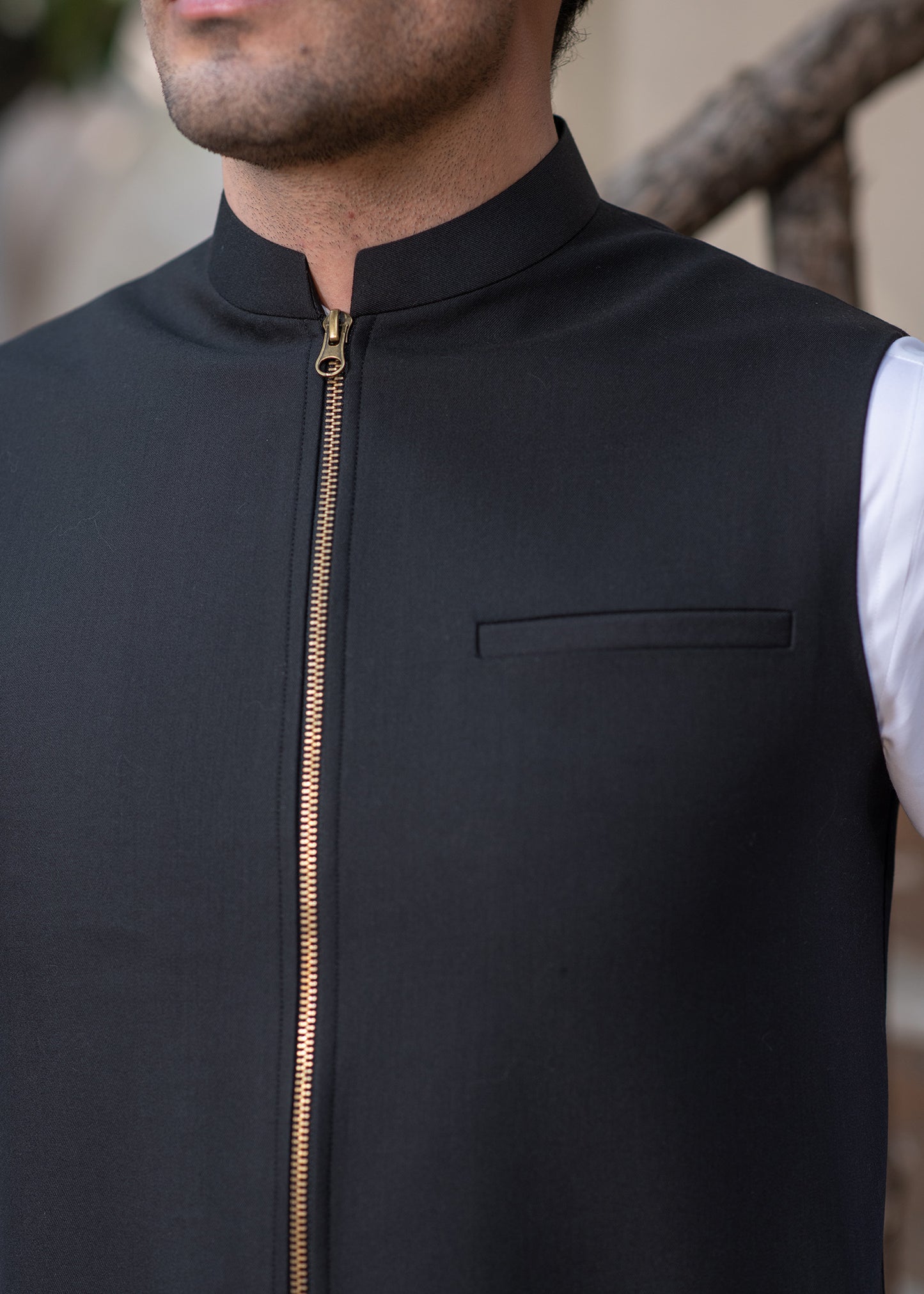 Men's Black Ethnic Waistcoat - Modern Zip Design with two side patch pockets and one welt chest Bone pocket - Classic Fit Mandarin style
