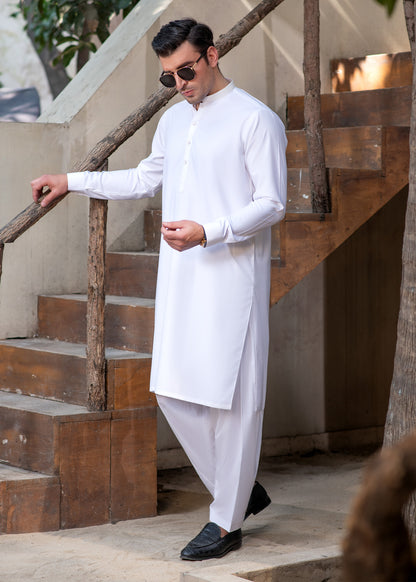 Men's Premium Ban-Embroidered Kameez Shalwar - Classic White / Classic Fit.