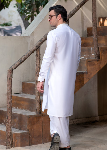 Men's Premium Ban-Embroidered Kameez Shalwar - Classic White / Classic Fit.