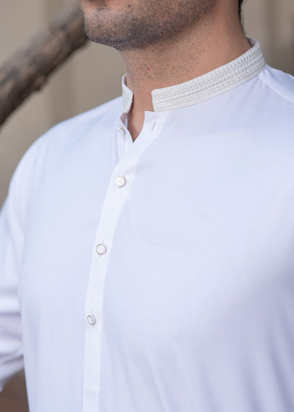 Men's Premium Ban-Embroidered Kameez Shalwar - Classic White / Classic Fit.