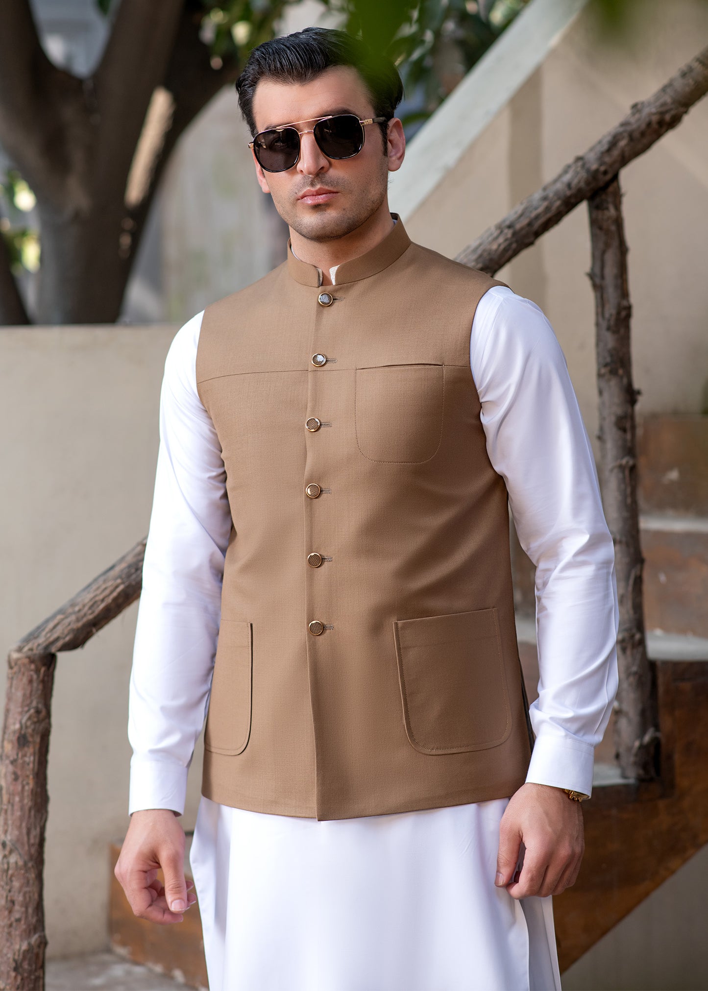 Premium Light Brown Suiting Waistcoat Men's with two side patch pockets and one welt chest Bone pocket - Classic Fit Mandarin style