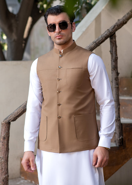 Premium Light Brown Suiting Waistcoat Men's with two side patch pockets and one welt chest Bone pocket - Classic Fit Mandarin style