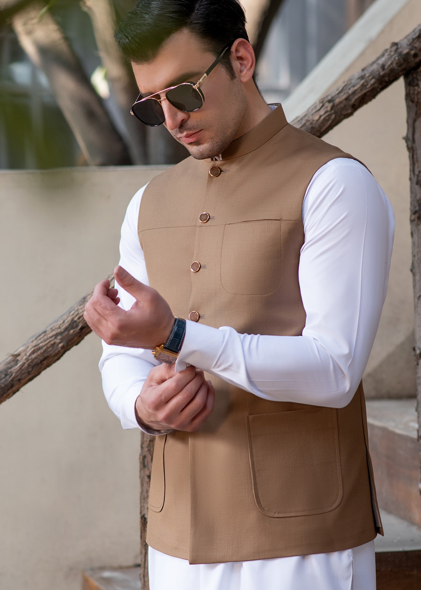 Premium Light Brown Suiting Waistcoat Men's with two side patch pockets and one welt chest Bone pocket - Classic Fit Mandarin style