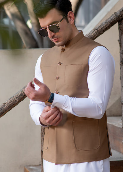 Premium Light Brown Suiting Waistcoat Men's with two side patch pockets and one welt chest Bone pocket - Classic Fit Mandarin style