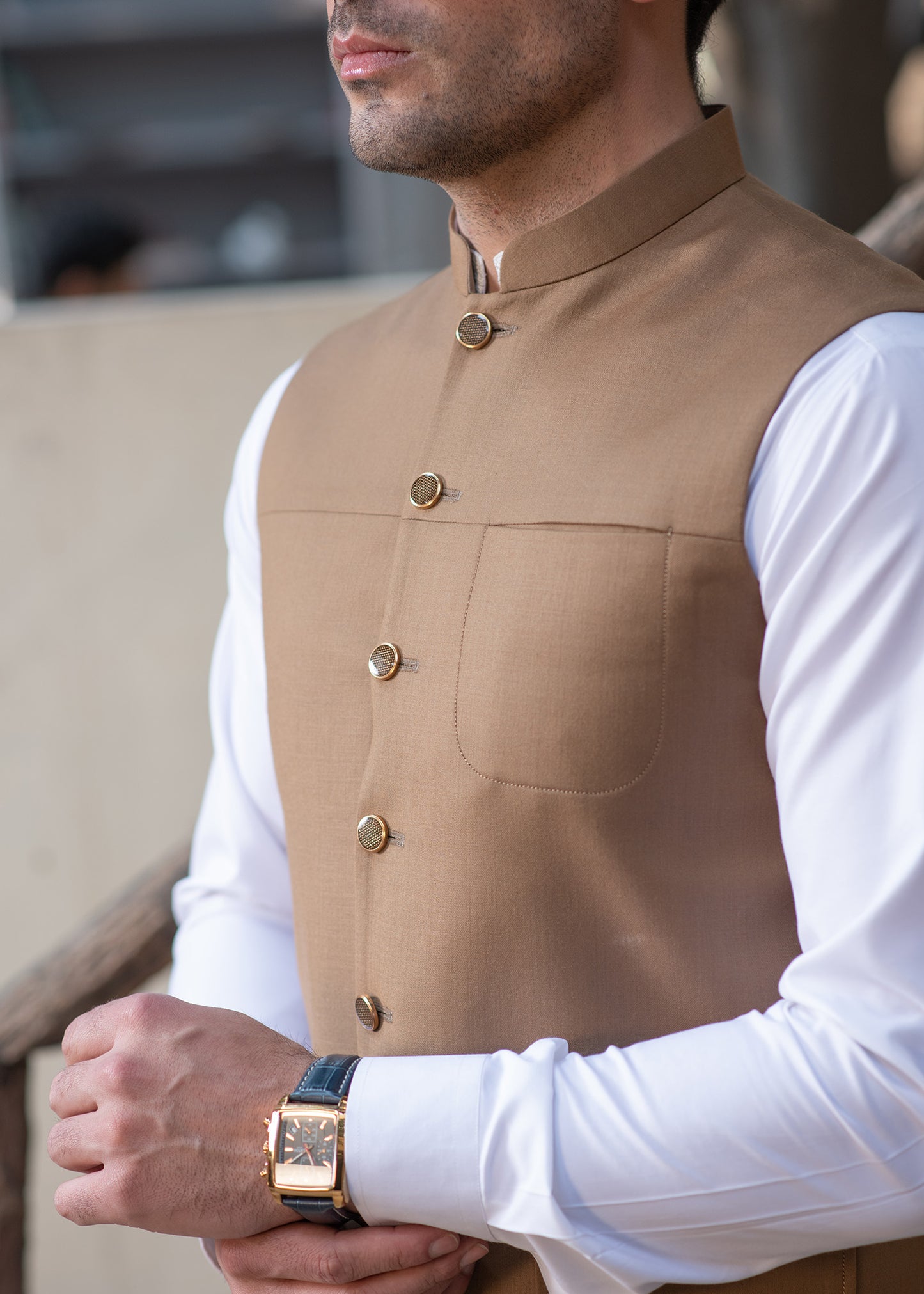 Premium Light Brown Suiting Waistcoat Men's with two side patch pockets and one welt chest Bone pocket - Classic Fit Mandarin style