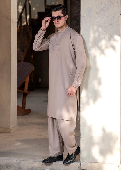 Men's Premium Ban-Embroidered Kameez Shalwar - Light Brown / Classic Fit.