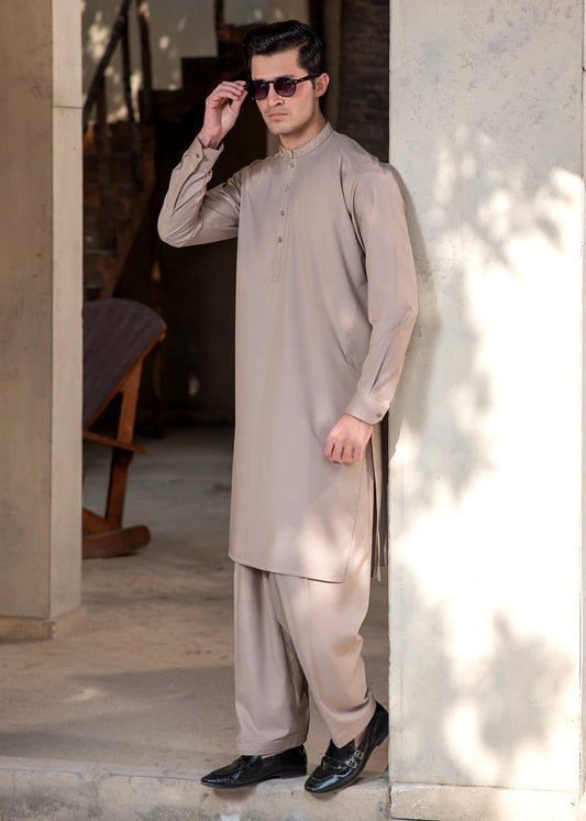 Men's Premium Ban-Embroidered Kameez Shalwar - Light Brown / Classic Fit.