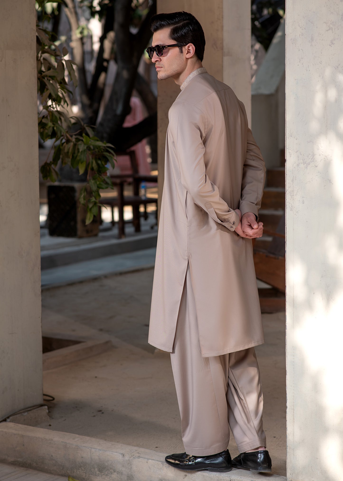 Men's Premium Ban-Embroidered Kameez Shalwar - Light Brown / Classic Fit.