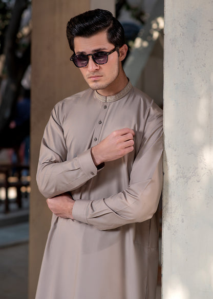 Men's Premium Ban-Embroidered Kameez Shalwar - Light Brown / Classic Fit.