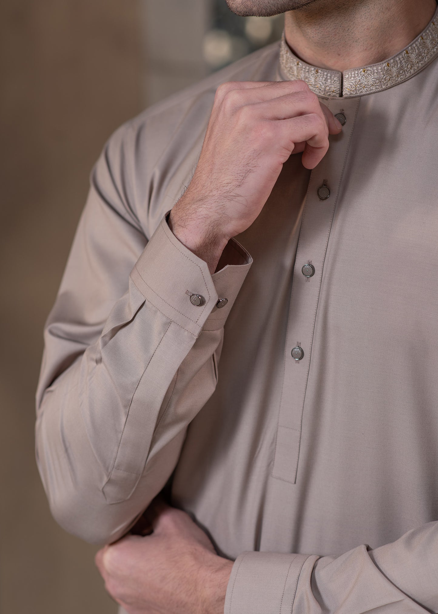 Men's Premium Ban-Embroidered Kameez Shalwar - Light Brown / Classic Fit.