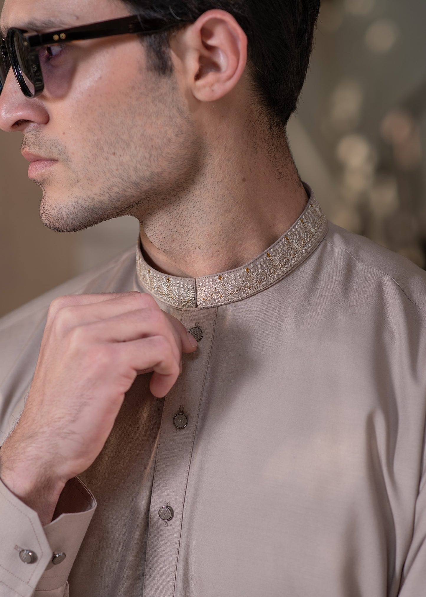 Men's Premium Ban-Embroidered Kameez Shalwar - Light Brown / Classic Fit.