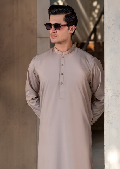 Men's Premium Ban-Embroidered Kameez Shalwar - Light Brown / Classic Fit.