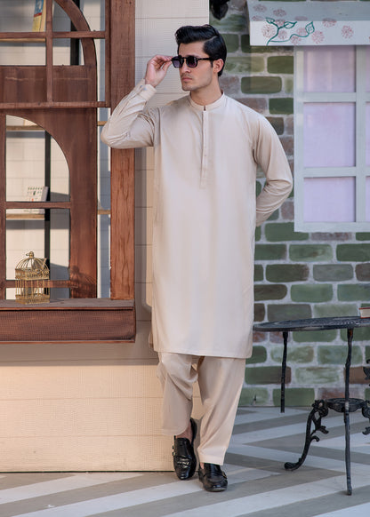 Men's Beige Shalwar Kameez - Cotton
