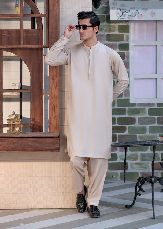 Men's Beige Shalwar Kameez - Cotton