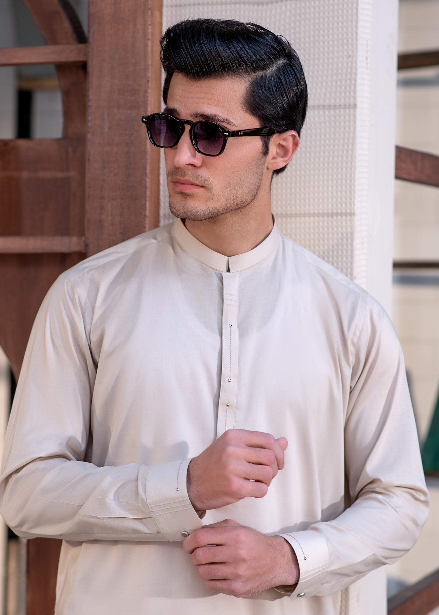 Men's Beige Shalwar Kameez - Cotton
