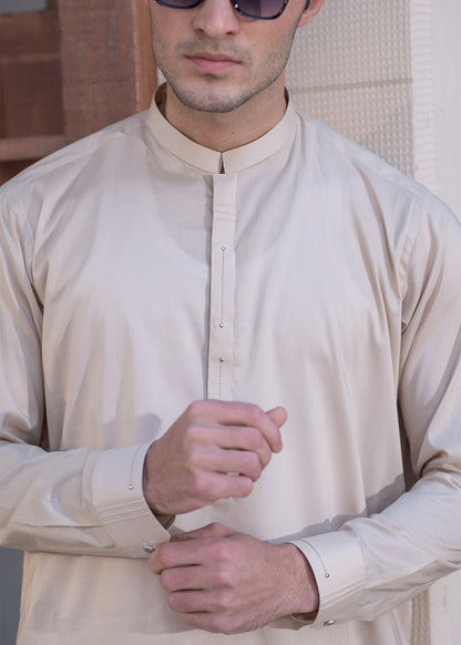 Men's Beige Shalwar Kameez - Cotton
