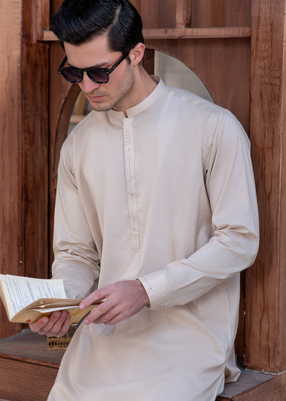 Men's Beige Shalwar Kameez - Cotton