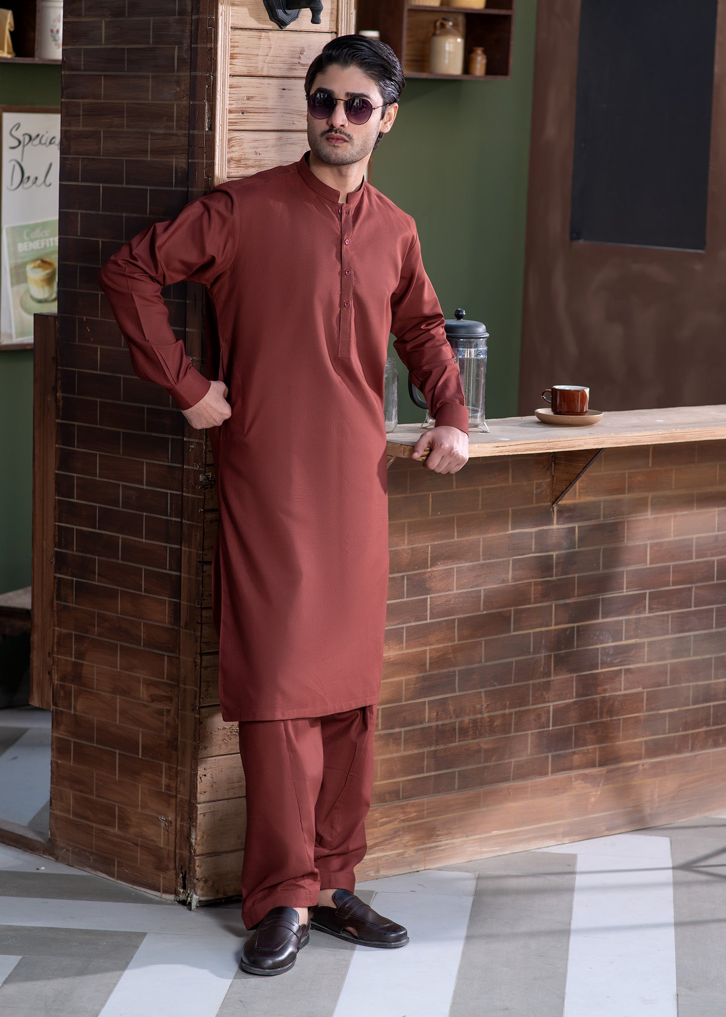 Maroon Ban Plain - Kameez Shalwar - Men
