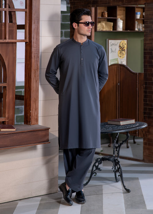 Steel Blue Stitched Kameez Shalwar for Men - Modern Eastern Formal Wear