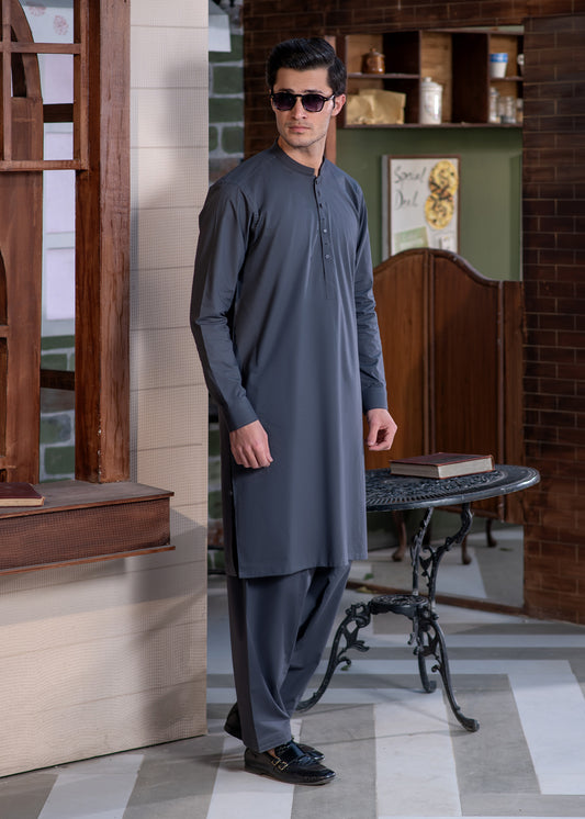 Grey Stitched Kameez Shalwar for Men - Modern Eastern Formal Wear