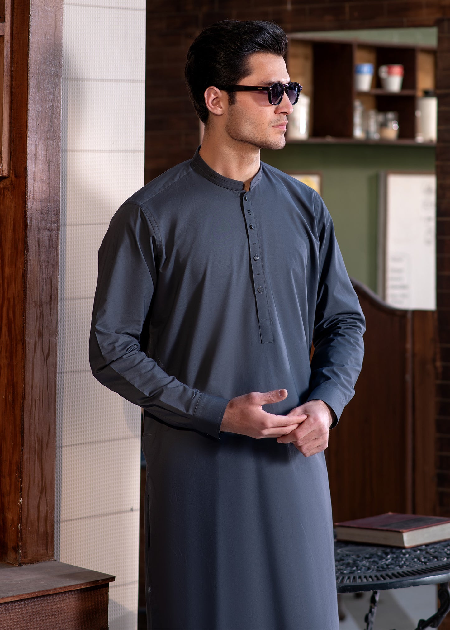 Grey Stitched Kameez Shalwar for Men - Modern Eastern Formal Wear