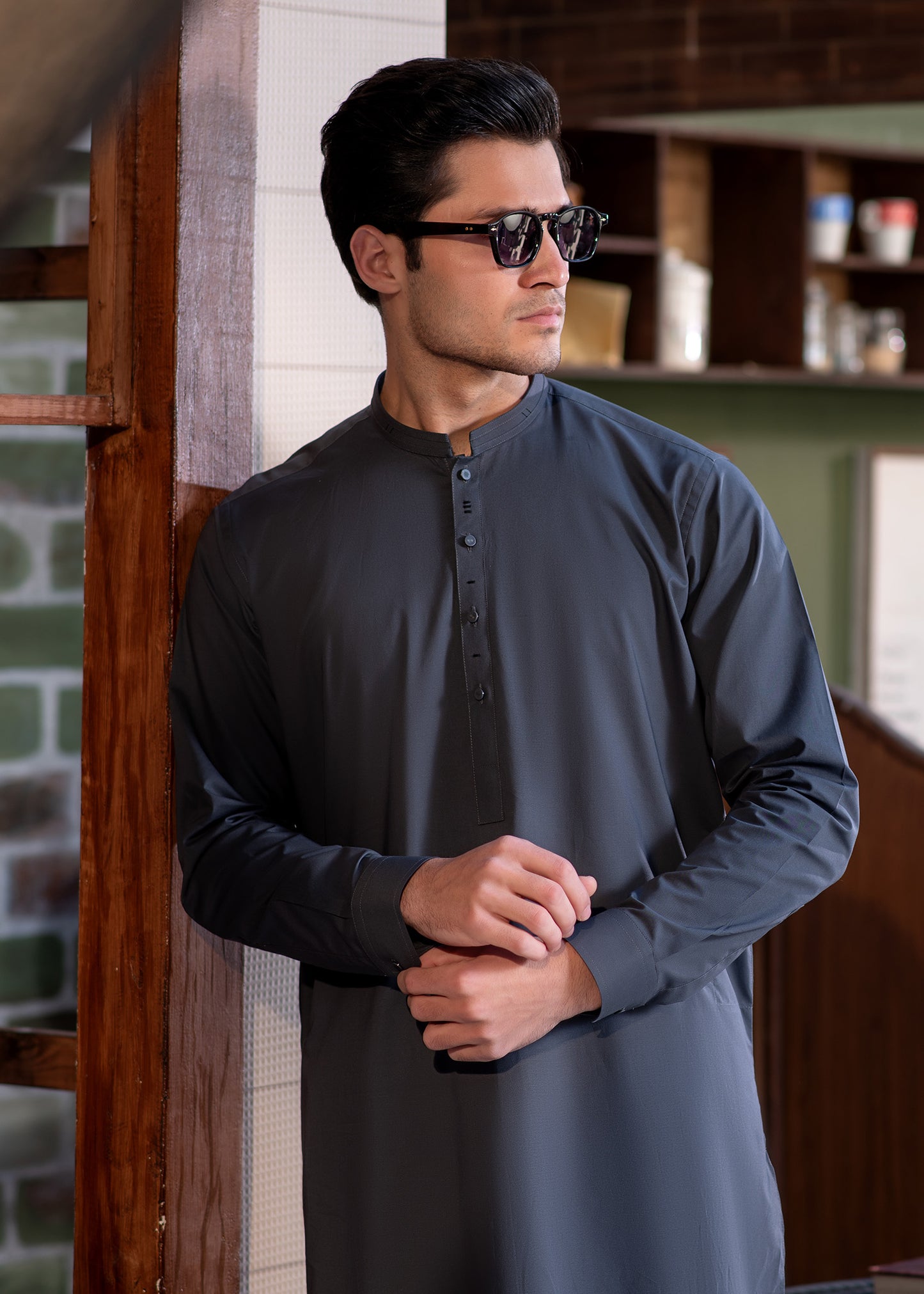 Grey Stitched Kameez Shalwar for Men - Modern Eastern Formal Wear