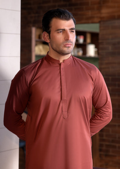 Men's Rust Stitched Shalwar Kameez for Summer