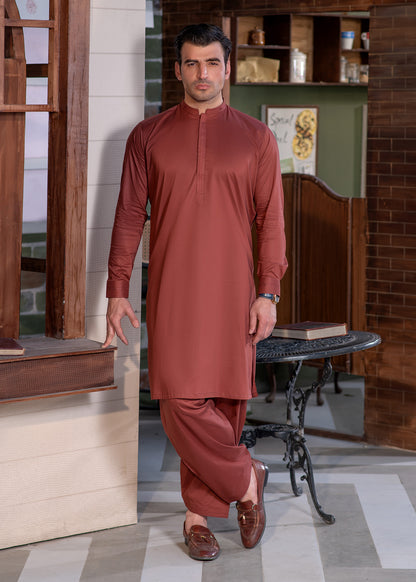 Men's Rust Stitched Shalwar Kameez for Summer
