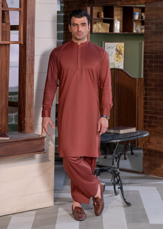 Men's Rust Stitched Shalwar Kameez for Summer
