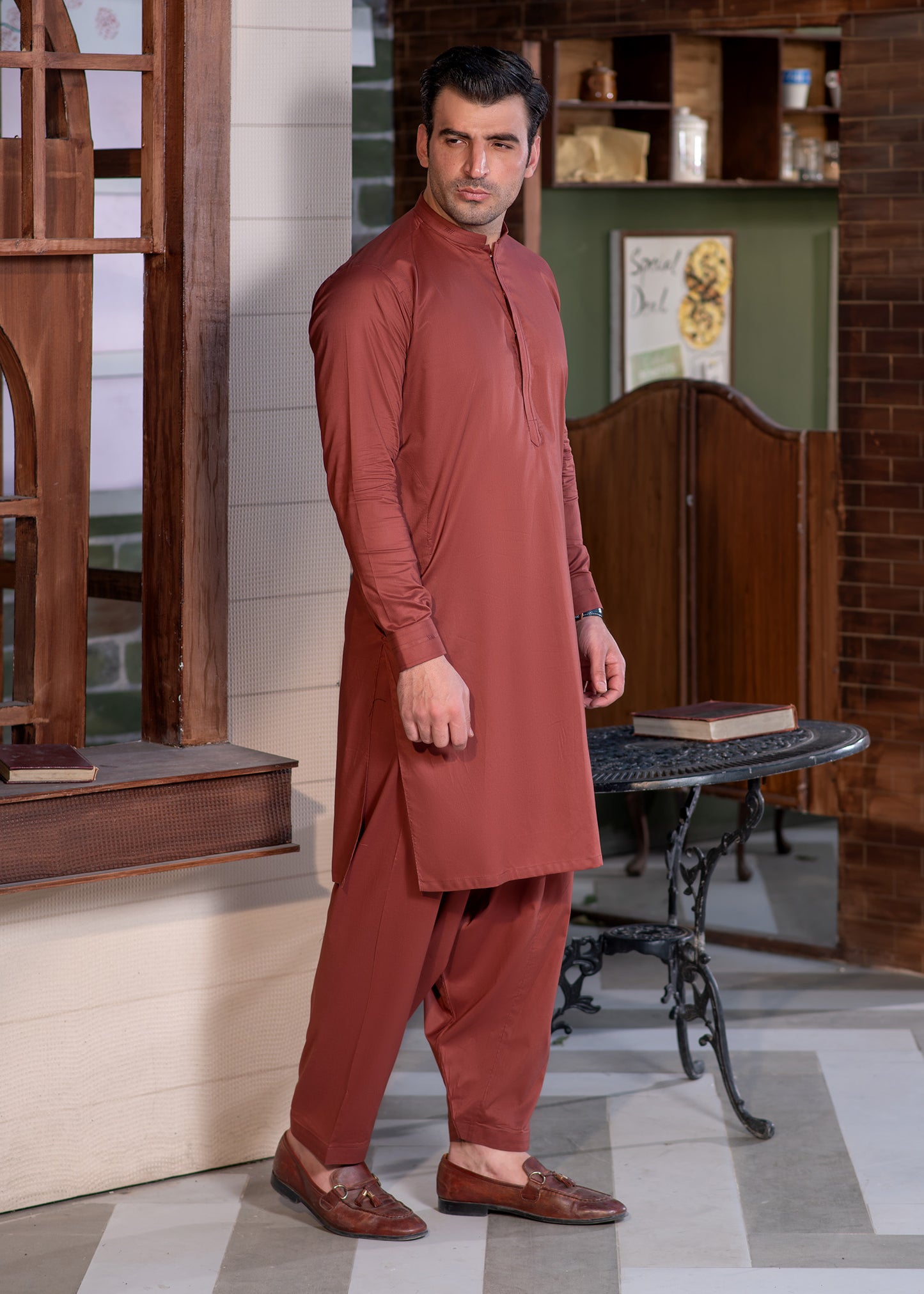 Men's Rust Stitched Shalwar Kameez for Summer
