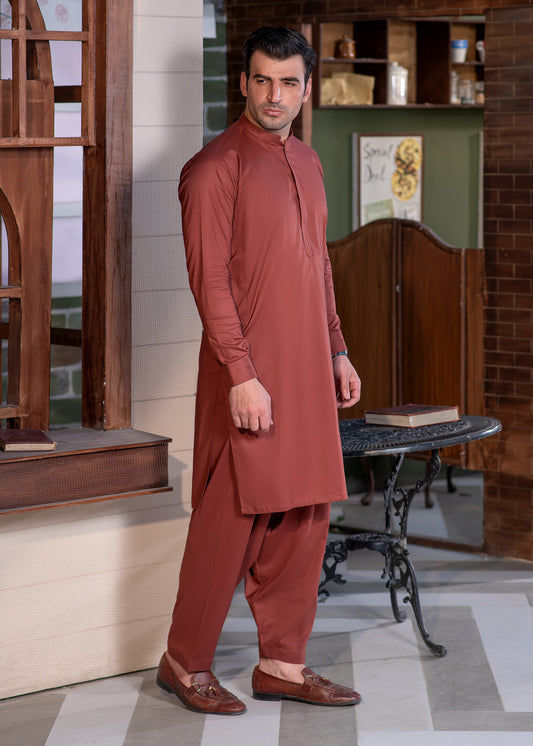Men's Rust Stitched Shalwar Kameez for Summer