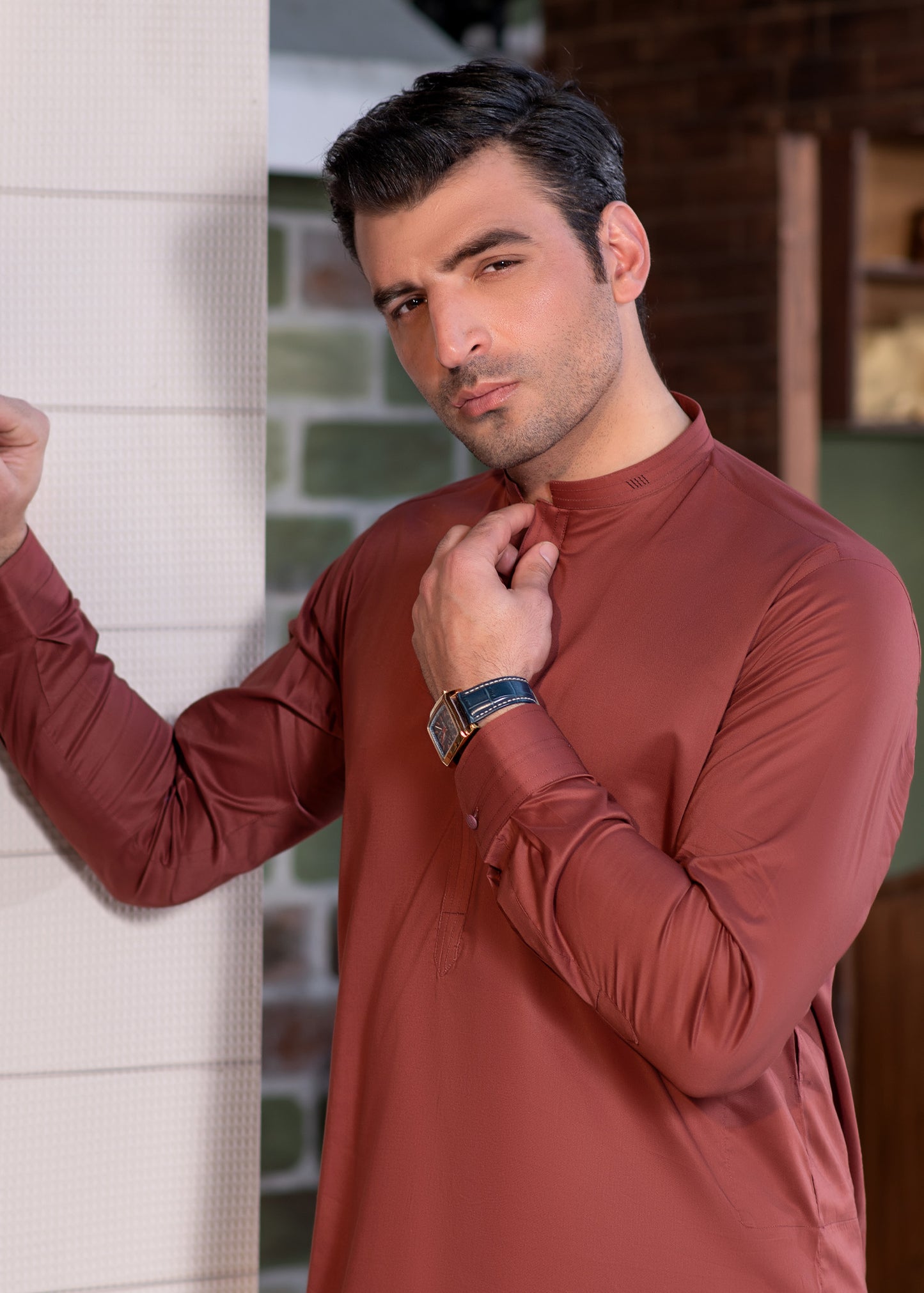 Men's Rust Stitched Shalwar Kameez for Summer
