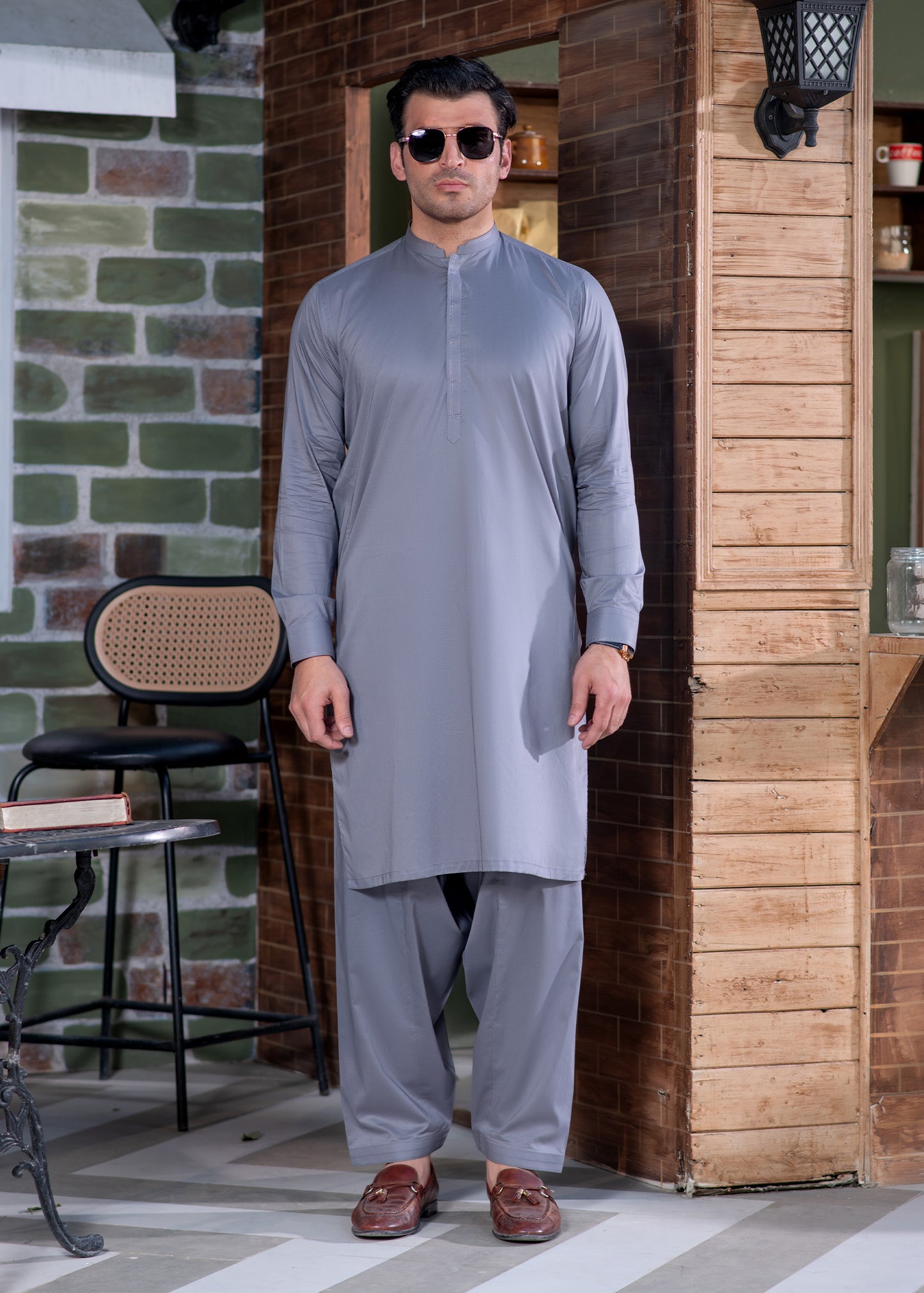 Grey Cotton Men's Kameez Shalwar With Design Mandarin