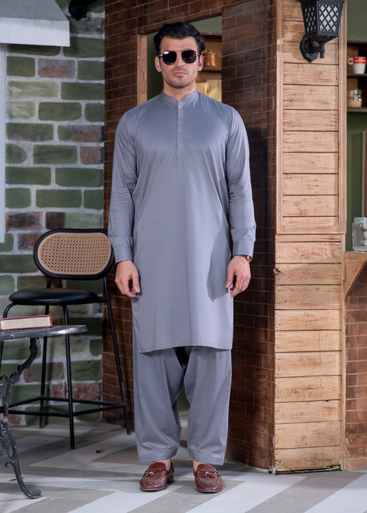 Grey Cotton Men's Kameez Shalwar With Design Mandarin