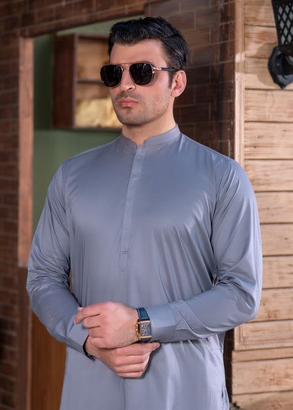 Grey Cotton Men's Kameez Shalwar With Design Mandarin