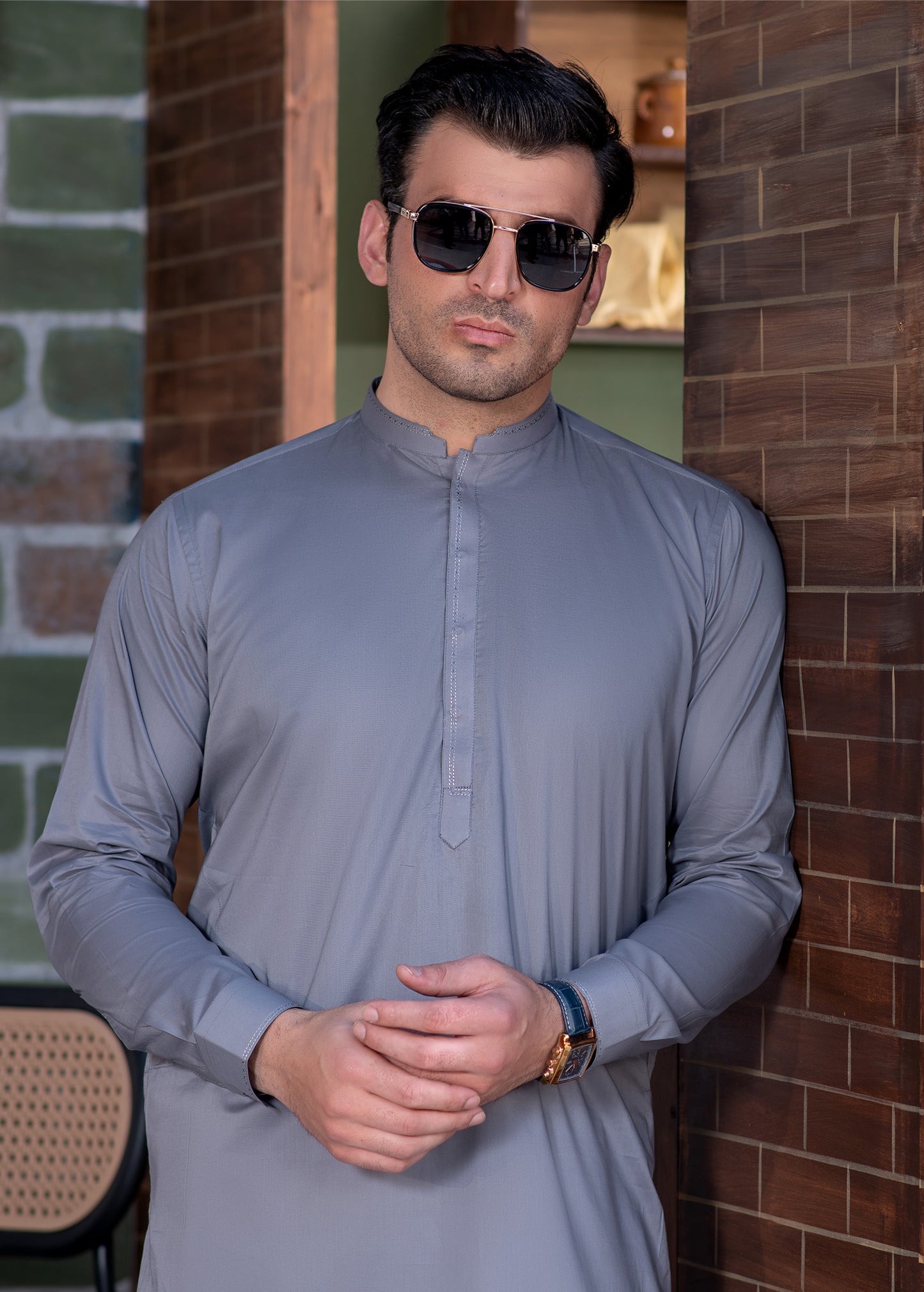 Grey Cotton Men's Kameez Shalwar With Design Mandarin
