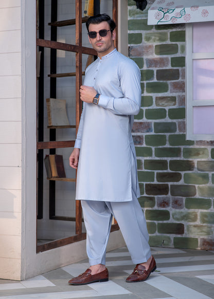 Light Blue Men’s Designer Shalwar Kameez with Minimalist Stitched Ban