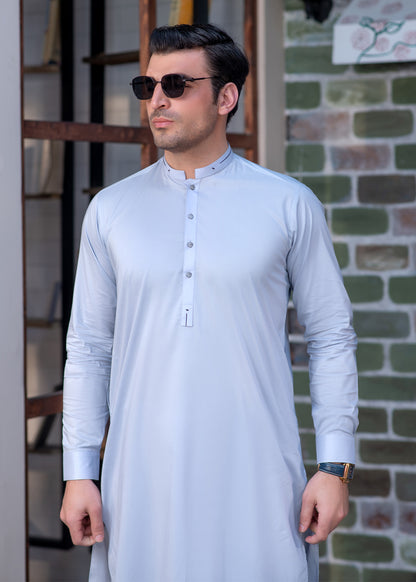 Light Blue Men’s Designer Shalwar Kameez with Minimalist Stitched Ban