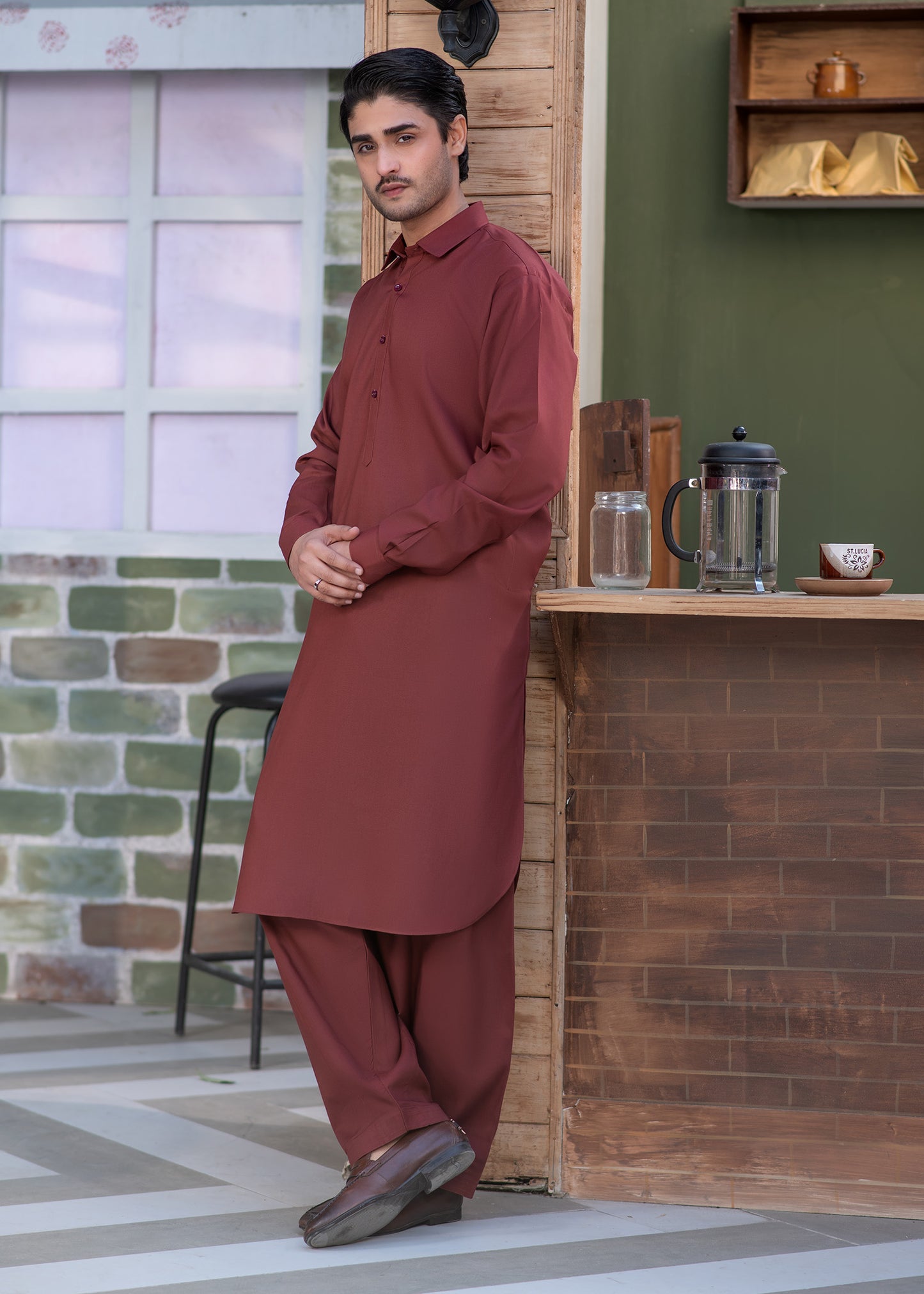 Maroon Collar Plain - Kameez Shalwar - Men