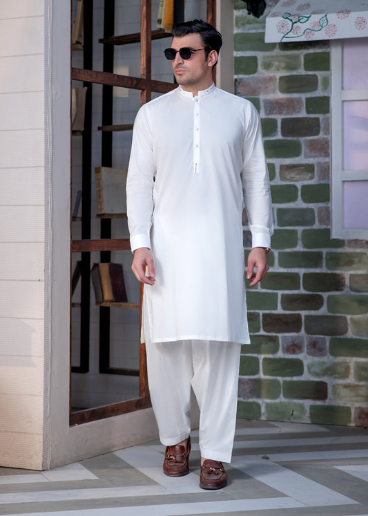 Elegant White Designer Shalwar Kameez With Minimalist Stitched