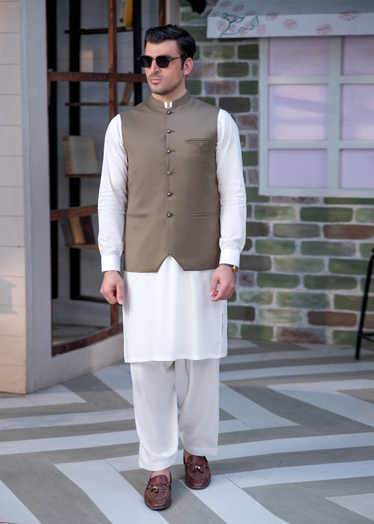 Premium Olive Green Suiting Waistcoat for Men with one welt chest pocket on the left side and two side bone (jetted) pockets - Classic Fit Mandarin style