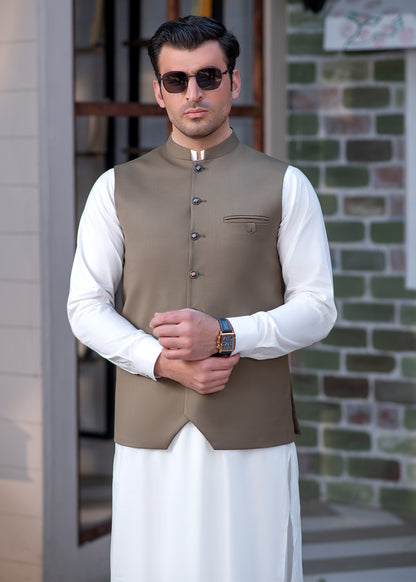 Premium Olive Green Suiting Waistcoat for Men with one welt chest pocket on the left side and two side bone (jetted) pockets - Classic Fit Mandarin style