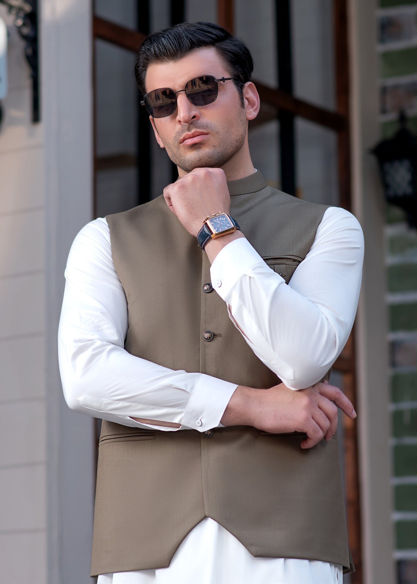 Premium Olive Green Suiting Waistcoat for Men with one welt chest pocket on the left side and two side bone (jetted) pockets - Classic Fit Mandarin style