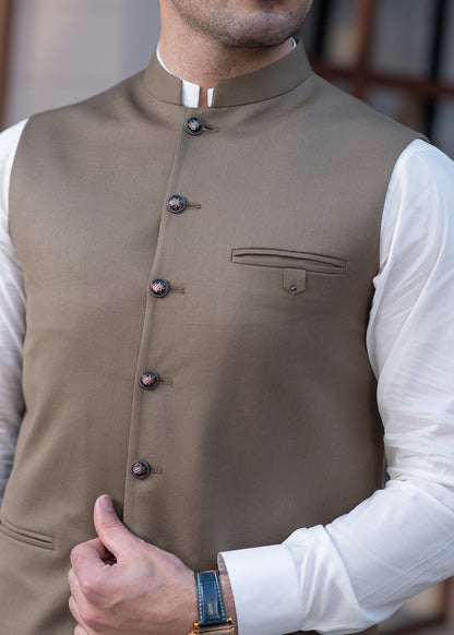 Premium Olive Green Suiting Waistcoat for Men with one welt chest pocket on the left side and two side bone (jetted) pockets - Classic Fit Mandarin style