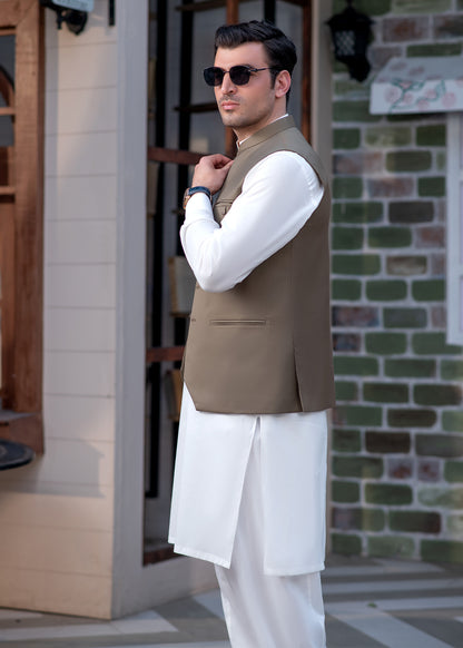 Premium Olive Green Suiting Waistcoat for Men with one welt chest pocket on the left side and two side bone (jetted) pockets - Classic Fit Mandarin style